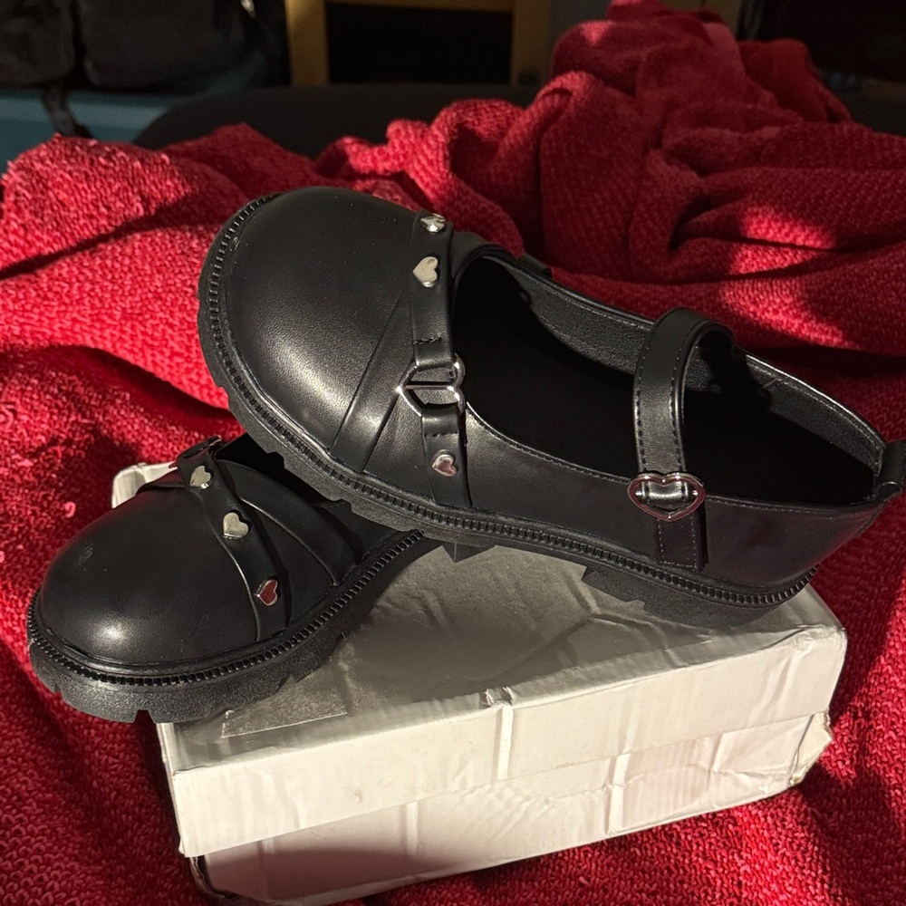 Brand New Black Mary Jane Shoes with Heart Accents